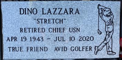 individual gray granite headstone with a golfer emblem